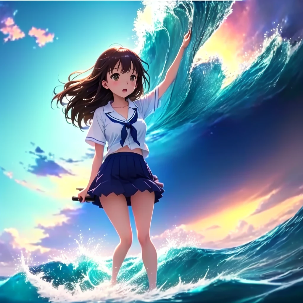 Photo taken from a video of a girl standing on a surfboard in the ocean, in style of Kyoto Animation, Kyoto Animation, sing, in ryuuou no oshigoto art style, Nightcore, Ayaka, mokoto shinkai, Makoto Shinkai's Style, makoto shinkai!!, Official artwork, makoto shinkai!