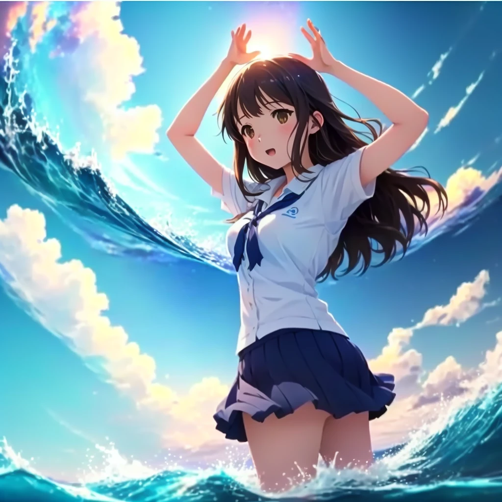 Photo taken from a video of a girl standing on a surfboard in the ocean, in style of Kyoto Animation, Kyoto Animation, sing, in ryuuou no oshigoto art style, Nightcore, Ayaka, mokoto shinkai, Makoto Shinkai's Style, makoto shinkai!!, Official artwork, makoto shinkai!