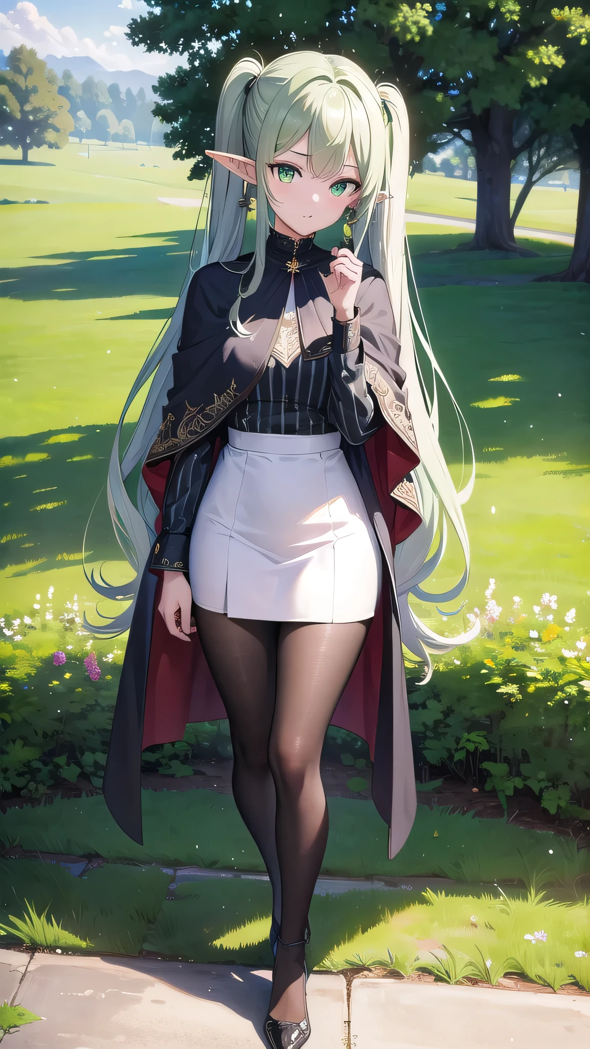 frieren, frieren, long hair, twintails, (green eyes:1.5), grey hair, pointy ears, elf,
BREAK shirt, long sleeves, jewelry, pantyhose, earrings, striped, black pantyhose, capelet, striped shirt,
BREAK looking at viewer, upper body, (full body:1.2),
BREAK outdoors, sky, nature,
BREAK (masterpiece:1.2), best quality, high resolution, unity 8k wallpaper, (illustration:0.8), (beautiful detailed eyes:1.6), extremely detailed face, perfect lighting, extremely detailed CG, (perfect hands, perfect anatomy),