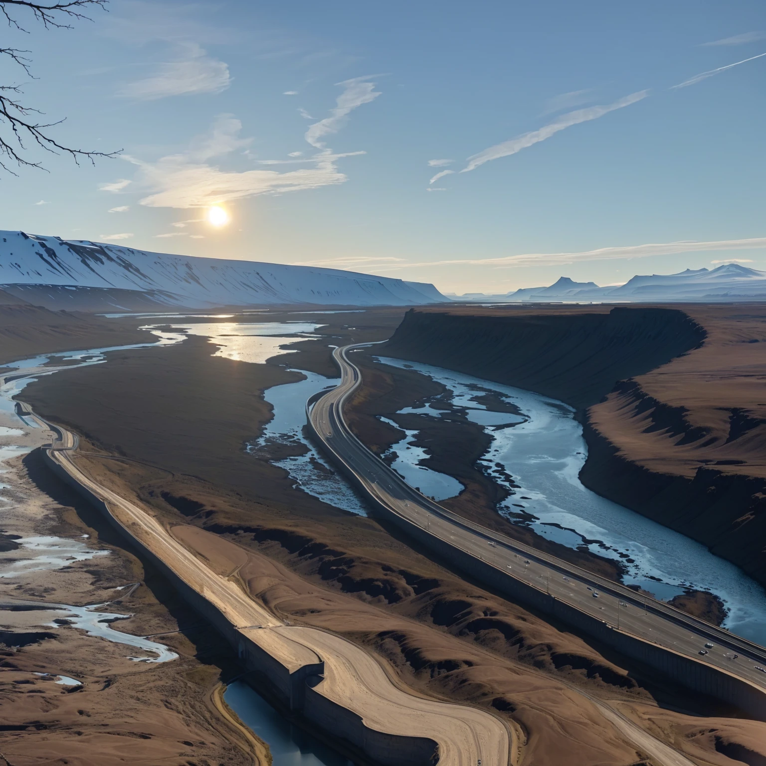 Arafud view of a road and a river with a bridge, Iceland photography, Shot with iPhone 1 3 Pro, solar eclipse in Iceland, Shot with iPhone 1 3 Pro max, Shot with iPhone 14 Pro, Shot with iPhone 1 3 Pro, author:Anna Haifisch, Icelandic valley, The river flowing through the wall, Iceland hills in the background, Iceland