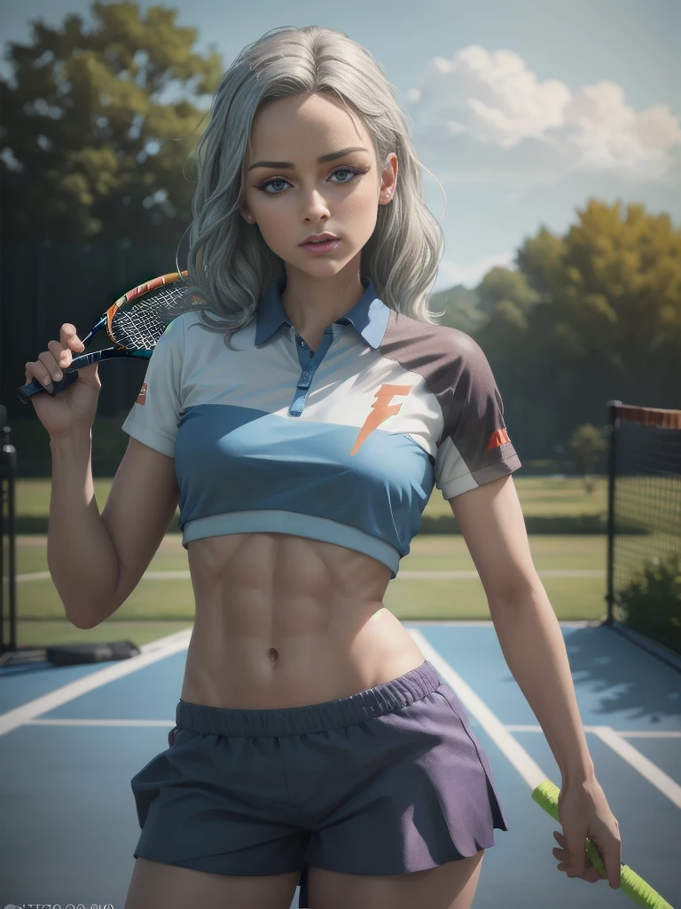 (best quality, masterpiece:1.4), Swedish college girl, tennis outfit, tight, pink shorts, white polo shirt, medium hair, ((slim, petite)), beautiful and mature, silver hair, sky blue eyes, photorealistic, photo, closed mouth, abs, toned, realistic, realism, photorealism, Kahili, AmberHeard, eye focus, high contrast, photorealistic digital art trending on Artstation 8k HD high definition detailed realistic, detailed, skin texture, hyper-detailed, realistic skin texture, armature, (photorealistic:1.4), ultra high resolution, detailed, raw photo, sharp image, by lee jeffries nikon d850 film stock photograph 4 kodak portra 400 camera f1.6 lens rich colors hyper-realistic lifelike texture dramatic lighting unrealengine trending on artstation cinestill 800