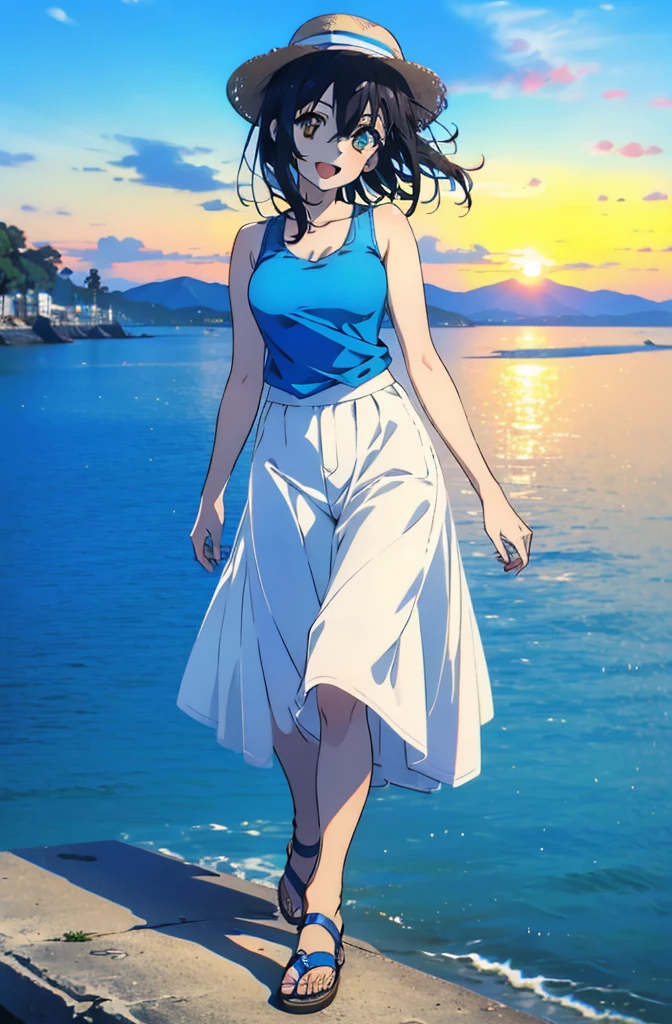Himeragi Yukina, One Girl,Brown eyes, Black Hair, Hair between the eyes, Medium Hair, Medium chest,happy smile, smile, Open your mouth,White Hat,Blue Tank Top,Blue long skirt,Cute Sandals,whole bodyがイラストに入るように,Walking,Sunset,evening,The sun is setting,　　　　　　　　　　　　　　　　　　break looking at viewer, whole body, 　　　　　　　　　break outdoors,Coastal Road, 　　　　　　　　　　　break (masterpiece:1.2), Highest quality, High resolution, unity 8k wallpaper, (shape:0.8), (Beautiful and beautiful eyes:1.6), Highly detailed face, Perfect lighting, Extremely detailed CG, (Perfect hands, Perfect ???????),
