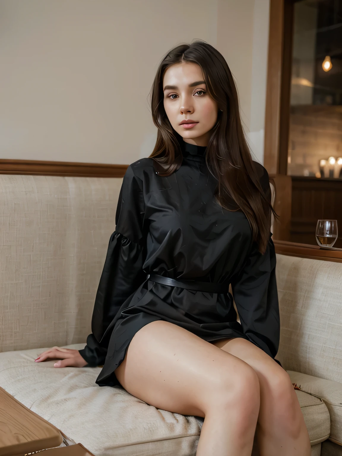 The most beautiful brunette in the world, men instantly fall in love with her, She is 25 years old, in a beautiful black loose dress, on the bed dogi style pose, the look is half-closed with pleasure, conchaet, Has an orgasm