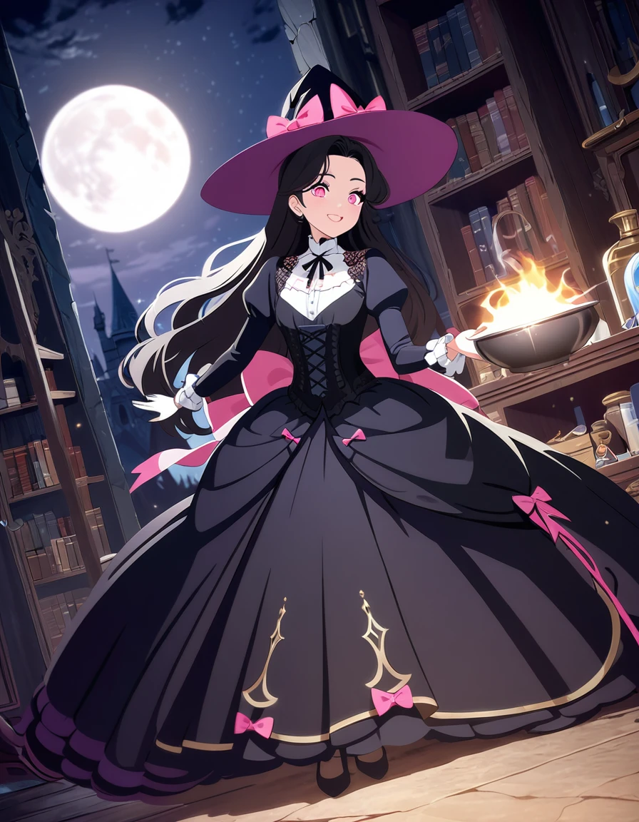 (best quality,4k,highres), pink-eyed,long black hair,girl looks happy,beautiful detailed eyes,beautiful detailed lips,long eyelashes,best quality portrait painting,detailed,physically-based rendering,ultra-fine painting,fine details,painting,a teenage boy has joined a witch coven and gets magically transformed into a cute teenage witch girl,gender bending,friendly witches are helping dressing up the new girl,she’s happily getting dressed in a stunning black victorian dress, physically-based rendering,gorgeous dress design,flowing gown,elaborate lace details,rich textures,contrast stitching,delicate ribbon bows,floral accents,full skirt,high neckline,long sleeves,fitted waistline,flared cuffs,lace-up back,imperfect fabrics,flawless silhouette,high heels, pink-eyed girl,effeminate face,pointy hat,long black hair,witches assisting in dressing up the new girl,promptly helps the new girl getting dressed in a stunning black Victorian dress,inside an abandoned castle, moonlit night with a full moon shining above, soft and ethereal lighting, magic pot, potions on a shelf, pentagram, high resolution, 4K, 8K