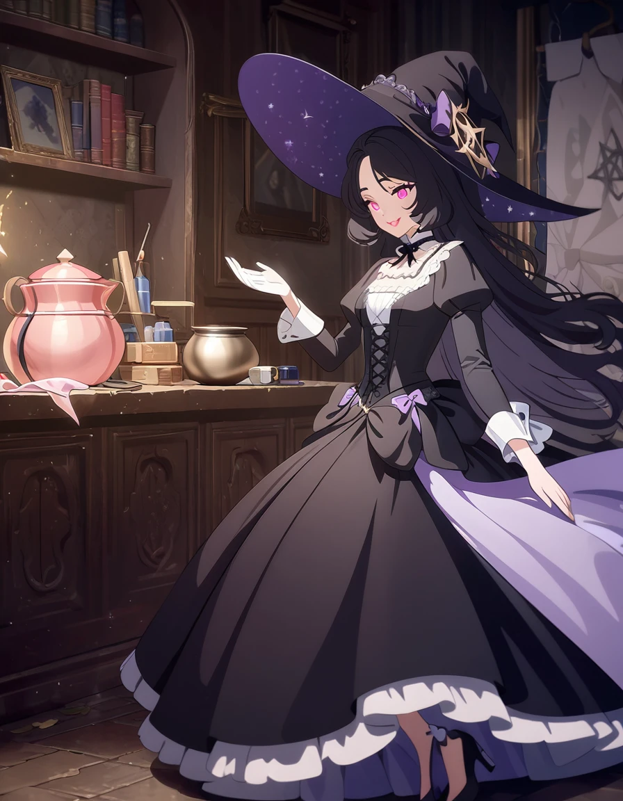 (best quality,4k,highres), pink-eyed,long black hair,girl looks happy,beautiful detailed eyes,beautiful detailed lips,long eyelashes,best quality portrait painting,detailed,physically-based rendering,ultra-fine painting,fine details,painting,a age boy has joined a witch coven and gets magically transformed into a cute teenwitch girl,gender bending,friendly witches are helping dressing up the new girl,she’s happily getting dressed in a stunning black victorian dress, physically-based rendering,gorgeous dress design,flowing gown,elaborate lace details,rich textures,contrast stitching,delicate ribbon bows,floral accents,full skirt,high neckline,long sleeves,fitted waistline,flared cuffs,lace-up back,imperfect fabrics,flawless silhouette,high heels, pink-eyed girl,effeminate face,pointy hat,long black hair,witches assisting in dressing up the new girl,promptly helps the new girl getting dressed in a stunning black Victorian dress,inside an abandoned castle, moonlit night with a full moon shining above, soft and ethereal lighting, magic pot, potions on a shelf, pentagram, high resolution, 4K, 8K