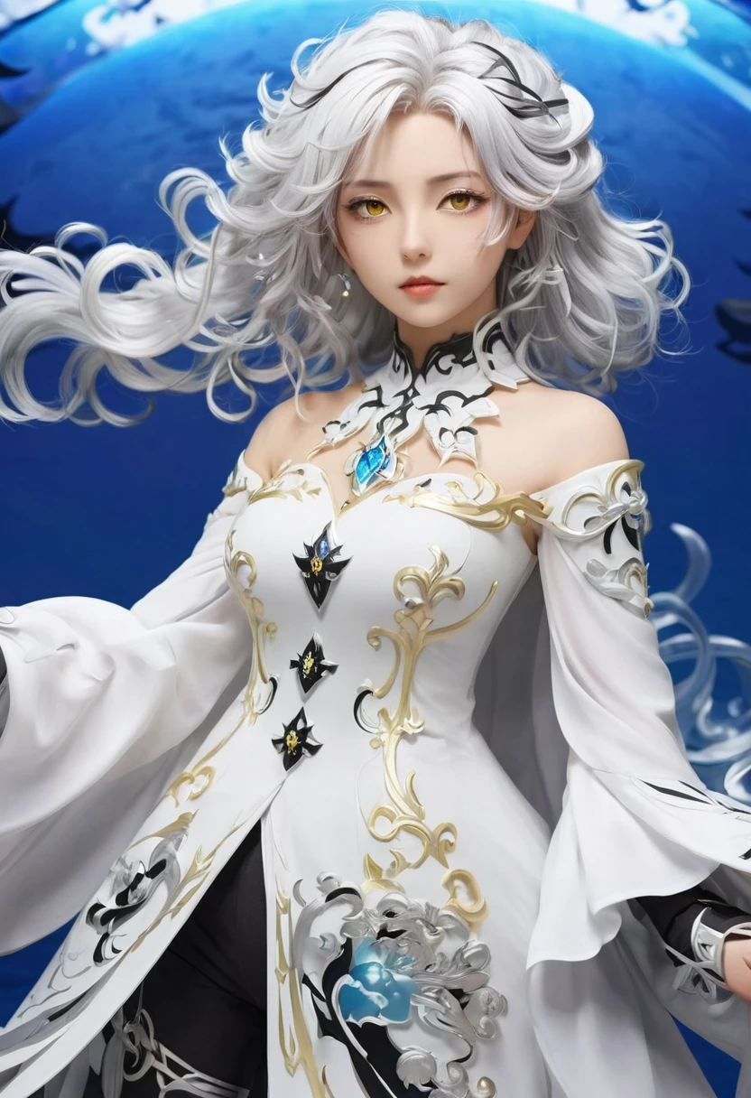 Dressed in white、Black anime girl with white hair, Yellow eyes, With sword, Genshin Impact Style