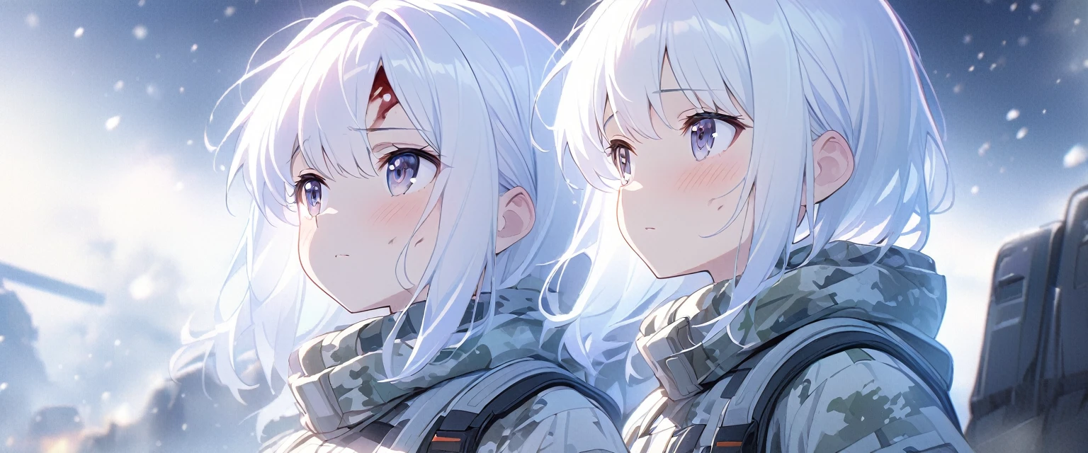 Luminous design, Soft colors,masterpiece:1.2), best quality , 独奏 ,pixiv, anime girl ,long straight white hair , black eyes ,Wearing off-white camouflage uniform ,ten years old,modern battlefield,(Eyes looking into the distance:1.3),(look away:1.5),snowy weather,dirty face,blood on forehead,dirty face,Backlight,Bare rocky peaks ,The expression is sad,leave tears,