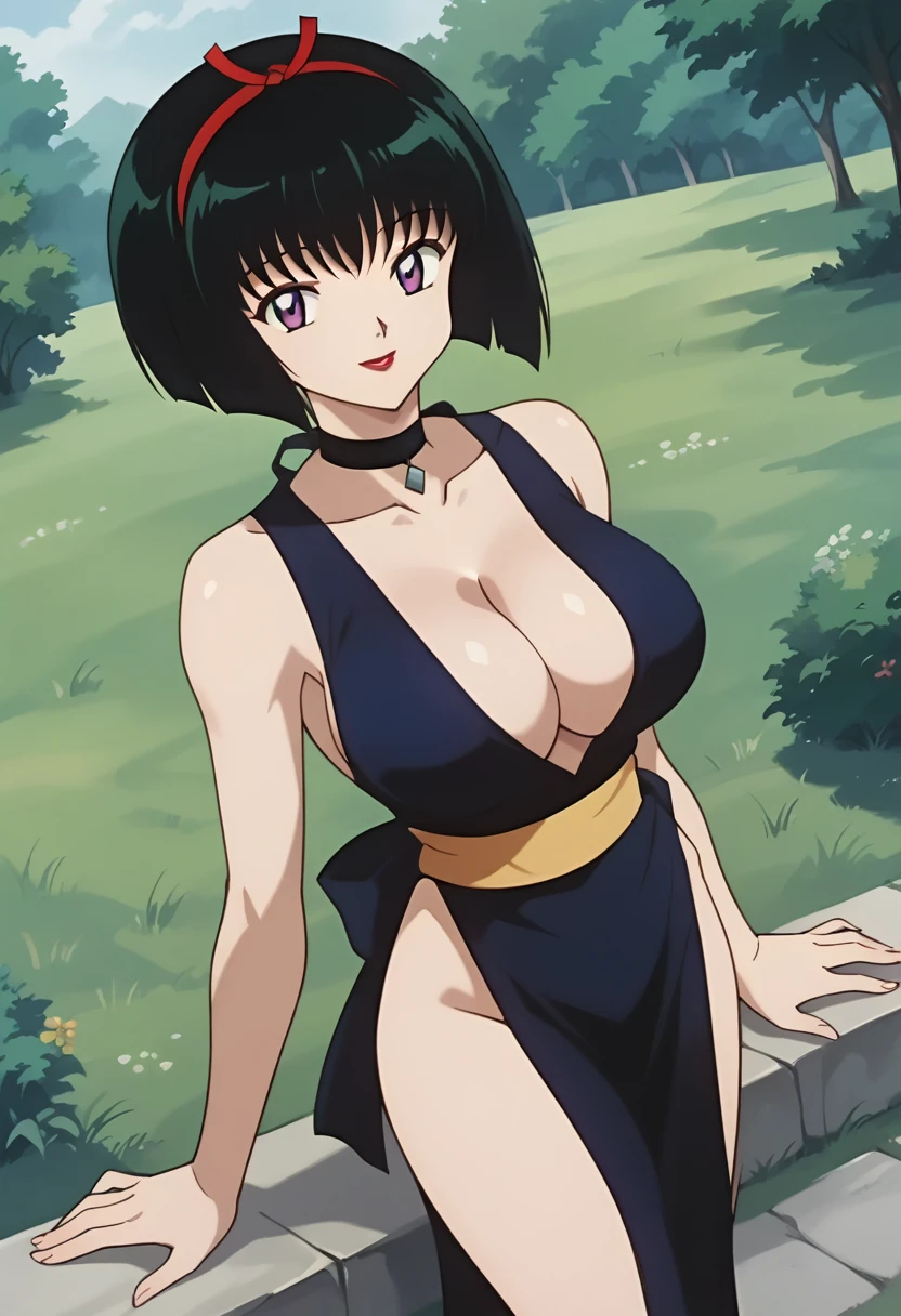 score_9, score_8_up, score_7_up, source_anime, best quality, masterpiece, rating_explicit, uncensored, 1990s (style), anime screencap, megami magazine, BREAK, SAKASAGAMINOYURA, 1GIRL, (large breasts:1.3), cleavage, BLACK HAIR, HAIR BAND, BOB_CUT, PURPLE EYES, CHOKER, SLEEVELESS,BLACK  SHORT KIMONO, pelvic curtain, red lip, outdoors, looking at viewer, smile