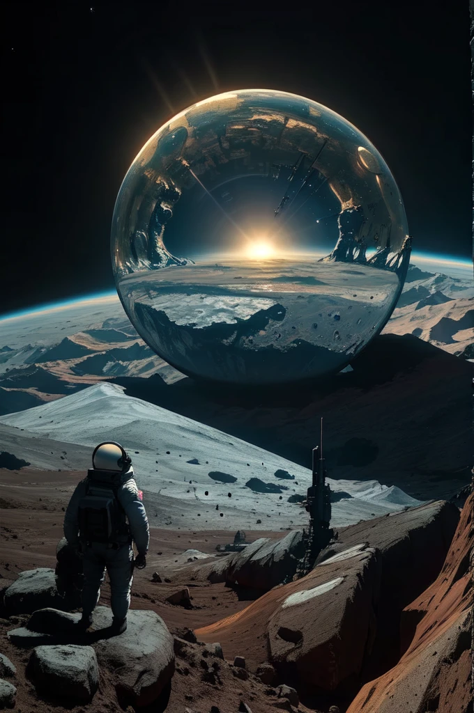 Best quality, masterpiece, Foreground: astronaut looks at his planet, background: space, a dying planet from overuse of its resources, dark.