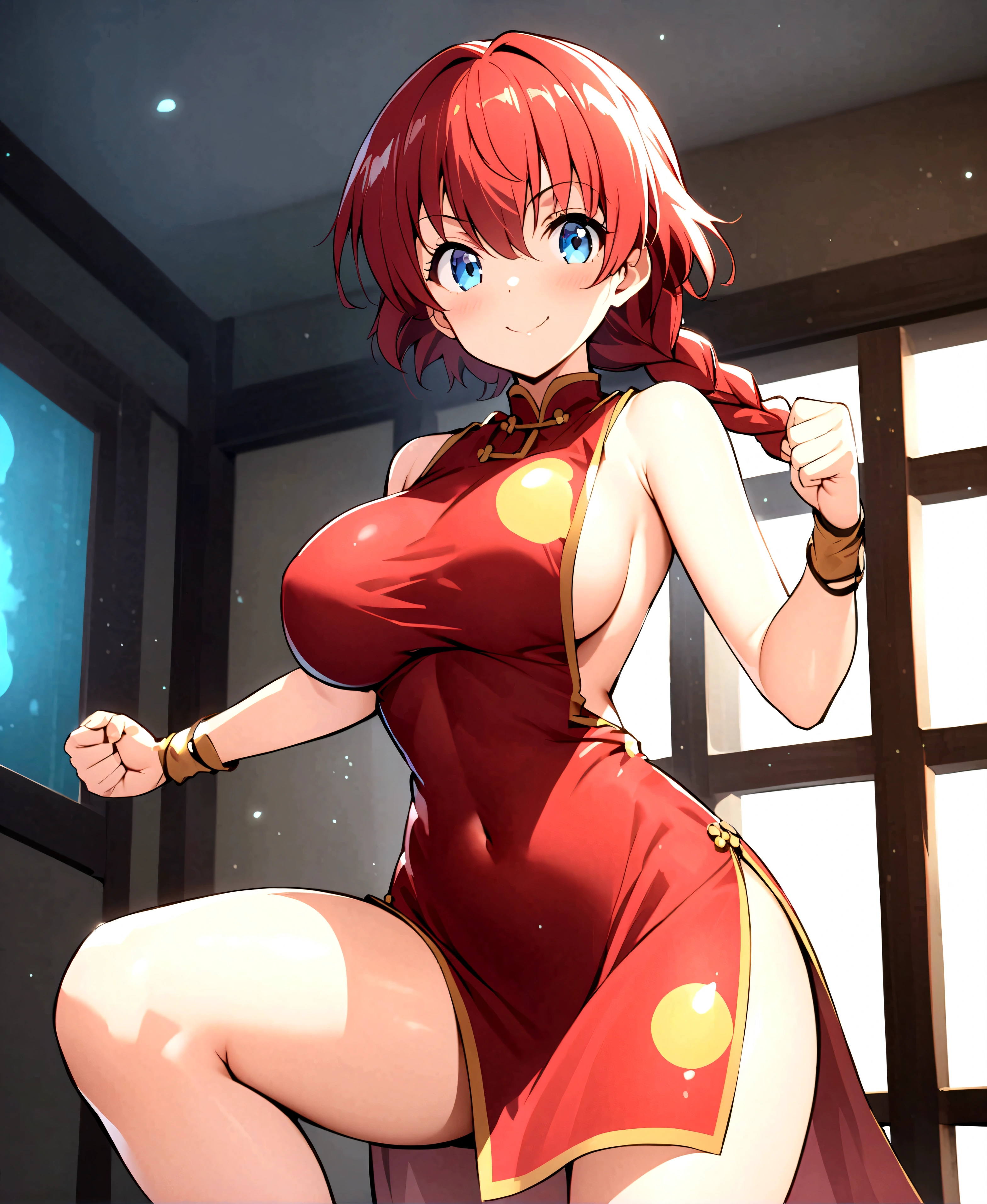 ,No correction, Source Anime,,High definition,Score 9,Score 8 up,Score 7 Up BREAK,One girl,solo,(ranma-chan:0.5),woman,Red hair, blue eyes, Braid, Large Breasts, , Clenched fist, Black Pants, Staring at the audience,
Red Chinese Dress、Exposing shoulders、Standing、smile、Leg Raise、Combat Stance、Cowboy Shot、