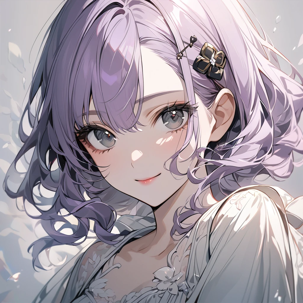 (Cute a girl:1.5), (a girl with closs hair pin,pale purple hair,bluntbangs hair,green and black eyes, a white smiling mask covers one side of the girl's face, portrait, look at viewer:1.4), (masterpiece:1.3), anime visual, (Lovey-dovey:1.5), (tilt head:1.3), extremely delicate face, soft clean focus, realistic lighting and shading, (an extremely delicate and beautiful art:1.3), elegant, (muted colors:1.1), small breast,