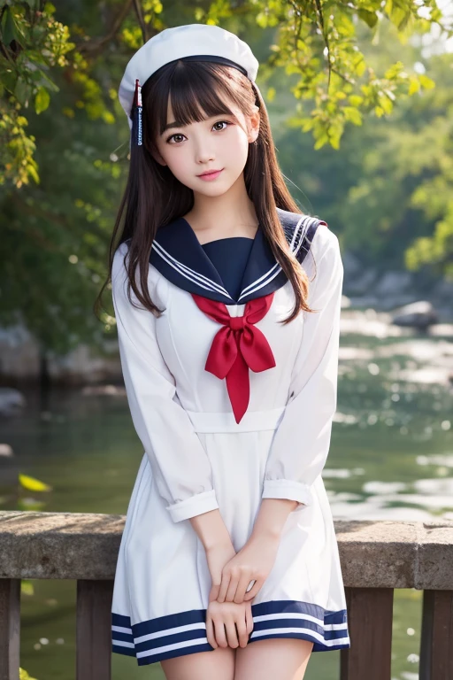 girls standing in windy cherry blossom school yard,long-sleeved white sailor frilled long dress with flare skirt fluttering,white thong,white socks,18-year-old,bangs,a little smile,thighs,knees,hair blowing in wind,low ponytails with barrette,from below,front light