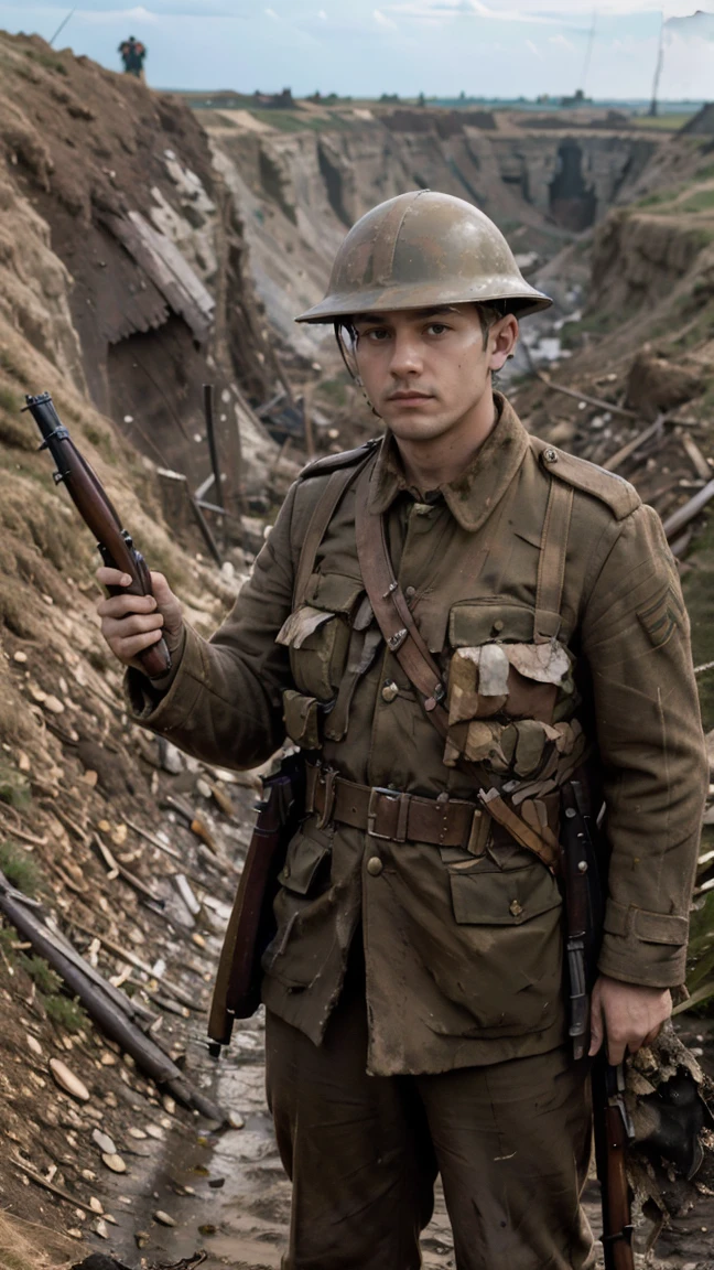 (masterpiece), best quality, expressive eyes, perfect face, cliffs, man, trenches, dirty, uniform, realistic, HD, holding Rifle, Enfield rifle, Somme, trench warfare, bayonet, dusk, explosion, bombarded