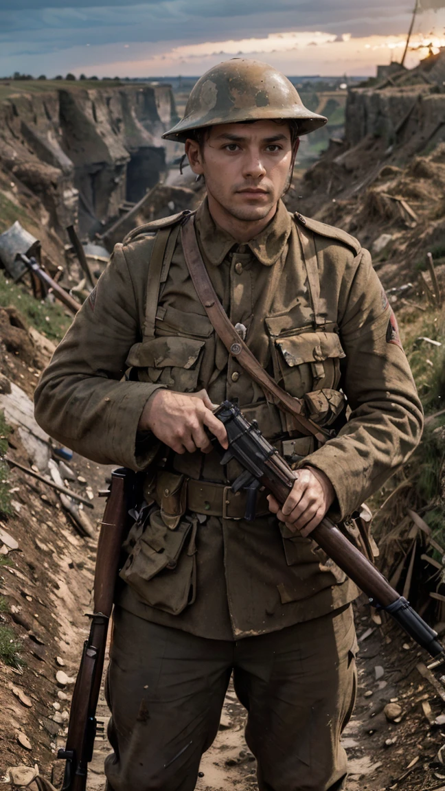 (masterpiece), best quality, expressive eyes, perfect face, cliffs, man, trenches, dirty, uniform, realistic, HD, holding Rifle, Enfield rifle, Somme, trench warfare, bayonet, dusk, explosion, bombarded