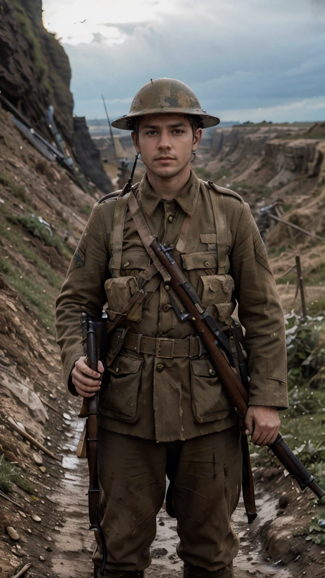 (masterpiece), best quality, expressive eyes, perfect face, cliffs, man, trenches, dirty, uniform, realistic, HD, holding Rifle, Enfield rifle, Somme, trench warfare, bayonet, dusk, explosion, bombarded