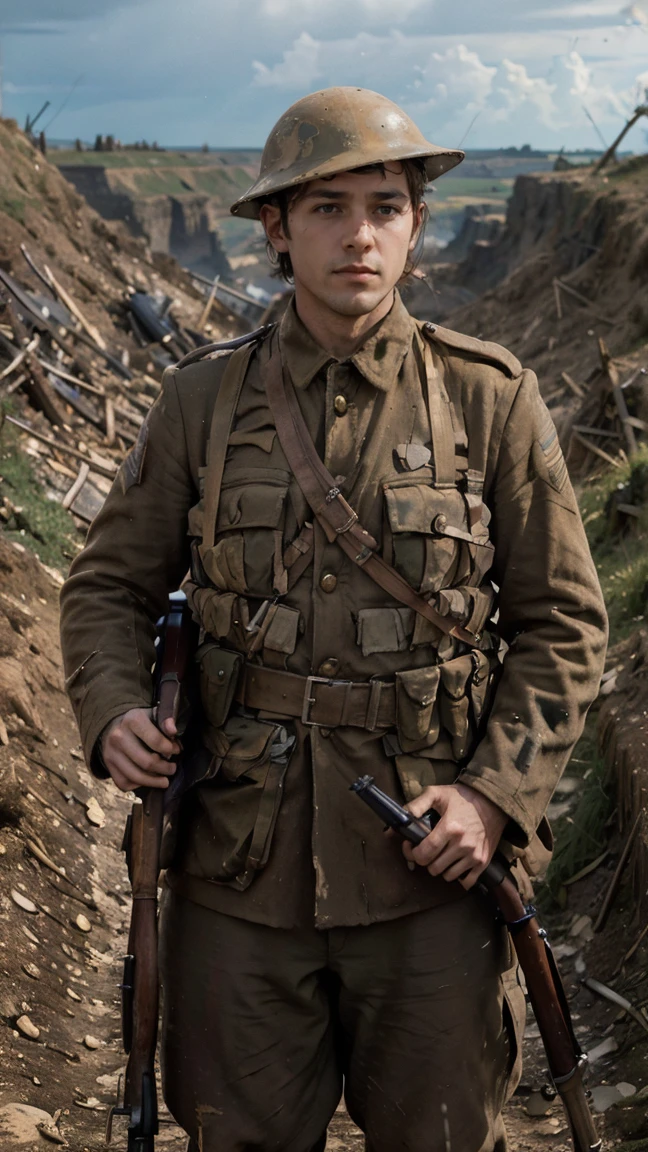 (masterpiece), best quality, expressive eyes, perfect face, cliffs, man, trenches, dirty, uniform, realistic, HD, holding Rifle, Enfield rifle, Somme, trench warfare, bayonet, dusk, explosion, bombarded