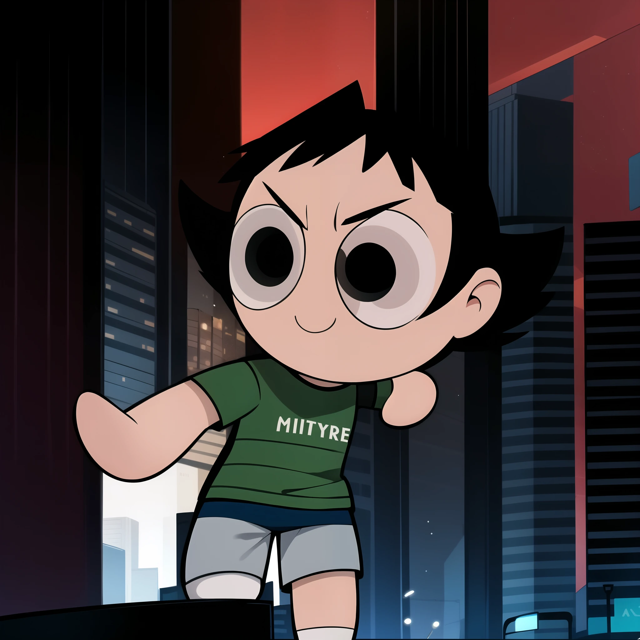 boy, shirt, short sleeves, pants, cute smile, full body, chibi, black hair, city background, (((Solo)))