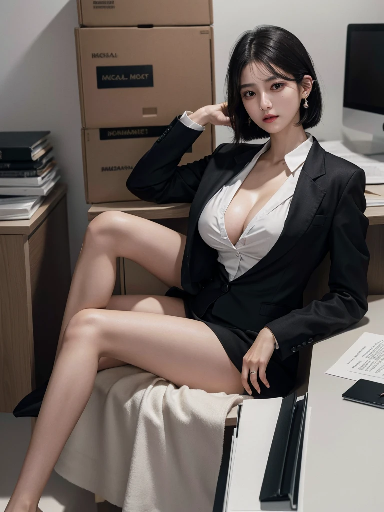 absurdres, RAW photo, extremely delicate and beautiful, masterpiece, Best Quality, ultra high resolution, 32k, hyperrealistic, ultra-detailed, in her 20s, delicate facial features, tearful mole, earring, huge breasts, ((full body shot)), shorter middle hair, black hair, ((office lady suit)), blazer,