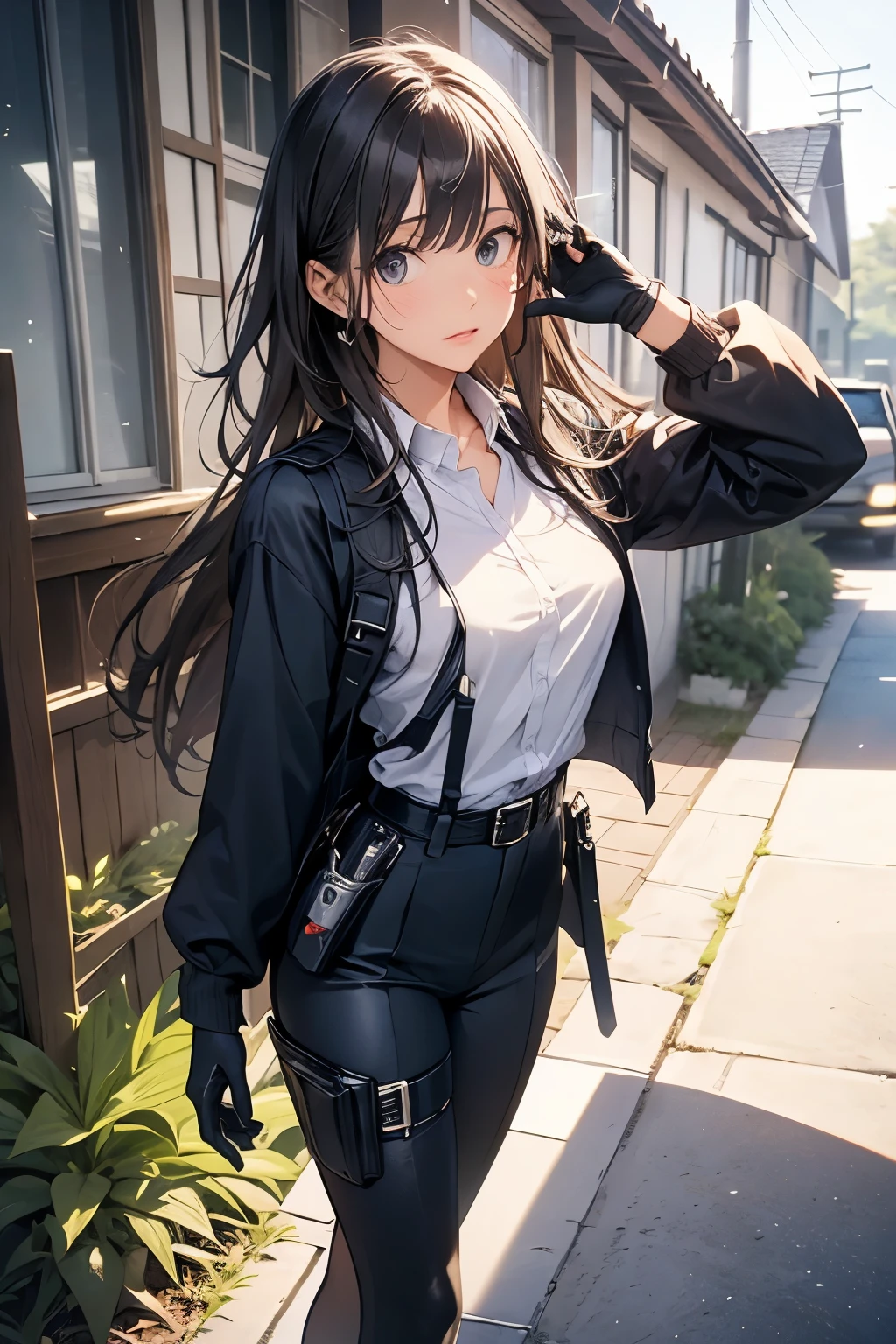 Highest quality, masterpiece, Ultra-high resolution, (realism: 1.4), Oil painting style, Cinema Lighting, An endless grassland dotted with a few houses, I stood on the empty asphalt road and looked at it., Fairy Mountain々was shrouded in mist, And the suspenders with the cranes flying Moderate breasts Small face holster Beautiful woman Lying in bed Looking up Sweat belt summer 脇Sweat Black Hole Gloves suit shirt Black jacket Black trousers Leg Links ズボンにbelt holster Nipples show through the top of clothes