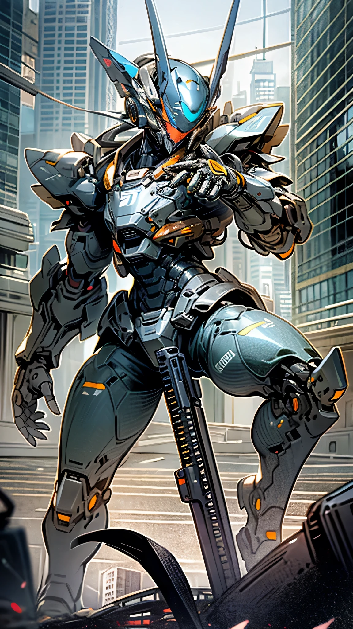 最high quality、Best image quality、masterpiece、Giant Mecha((Humanoid、Black body、Assault rifle、Body Armor))high quality、Beautiful art、background((City)),Tabletop、Exquisite design、Visual Arts、Depth of written boundary、Best lighting、Highest detail、8k