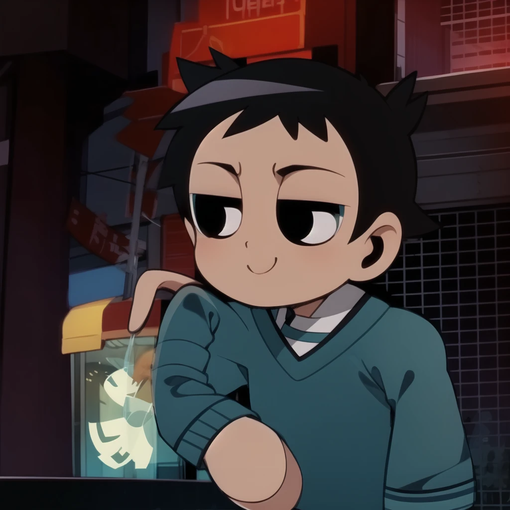 boy, shirt, short sleeves, pants, cute smile, full body, chibi, black hair, city background, (((Solo)))