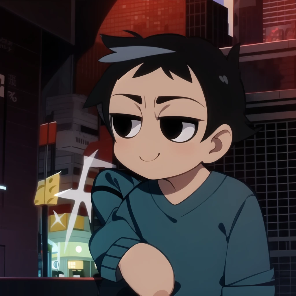 boy, shirt, short sleeves, pants, cute smile, full body, chibi, black hair, city background, (((Solo)))