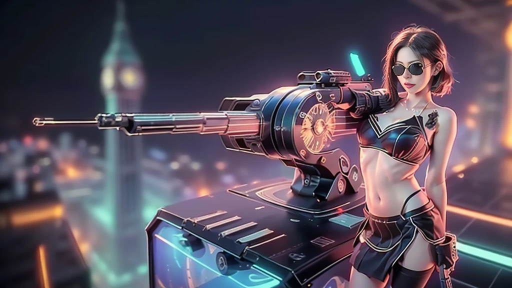 (aerial view). at night, futuristic sci-fi cyberpunk city, broad viaduct, skyscrapers at the end of the viaduct, the movie "13th Floor" style, (((((voltex-spirit-spreading giant clock tower as time machine))))), hq. Matrix style, at night, (1girl, solo), photo realistic, (large-breast:1.2 slim body, cleavage:1.3), (((tube top, extreamly short pleated (((miniskirt))) exposing panty))), (((((matrix style black sunglasses))))), (((((aiming at camera with a (short pistol)))))), (((half-body (thigh level) medium shot))), (cinematic lighting).