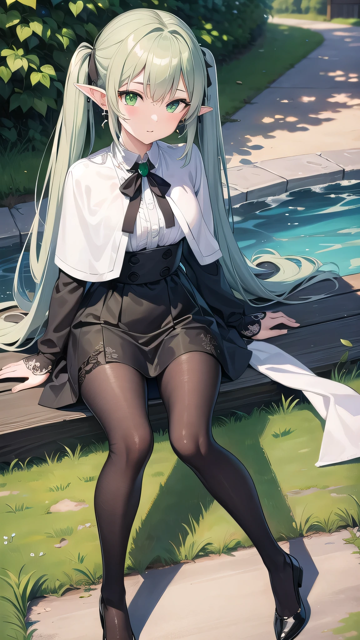 frieren, frieren, grey long hair, twintails, (green eyes:1.5), grey hair, pointy ears, elf,
BREAK shirt, long sleeves, jewelry, pantyhose, earrings, striped, black pantyhose, capelet, striped shirt,
BREAK looking at viewer, upper body, (full body:1.2),
BREAK outdoors, sky, nature,
BREAK (masterpiece:1.2), best quality, high resolution, unity 8k wallpaper, (illustration:0.8), (beautiful detailed eyes:1.6), extremely detailed face, perfect lighting, extremely detailed CG, (perfect hands, perfect anatomy),