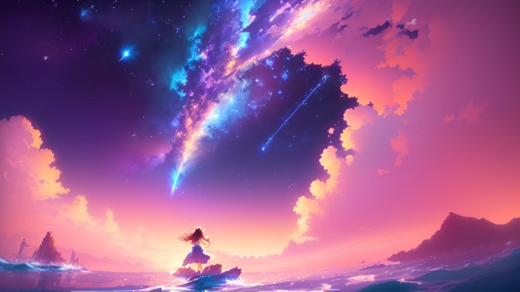 Woman standing on the waves and watching a shooting star, Makoto Shinkai Cyril Rolland, background shooting star, anime wallpaper 4k, anime wallpaper 4k, 4k anime wallpaper, Anime Sky, anime art wallpaper 4k, Awesome Wallpapers, anime art wallpaper 4k, Space Sky. by Makoto Shinkai, Anime Art Wallpapers 8K, Anime Background