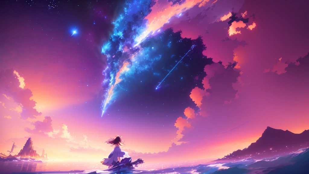 Woman standing on the waves and watching a shooting star, Makoto Shinkai Cyril Rolland, background shooting star, anime wallpaper 4k, anime wallpaper 4k, 4k anime wallpaper, Anime Sky, anime art wallpaper 4k, Awesome Wallpapers, anime art wallpaper 4k, Space Sky. by Makoto Shinkai, Anime Art Wallpapers 8K, Anime Background