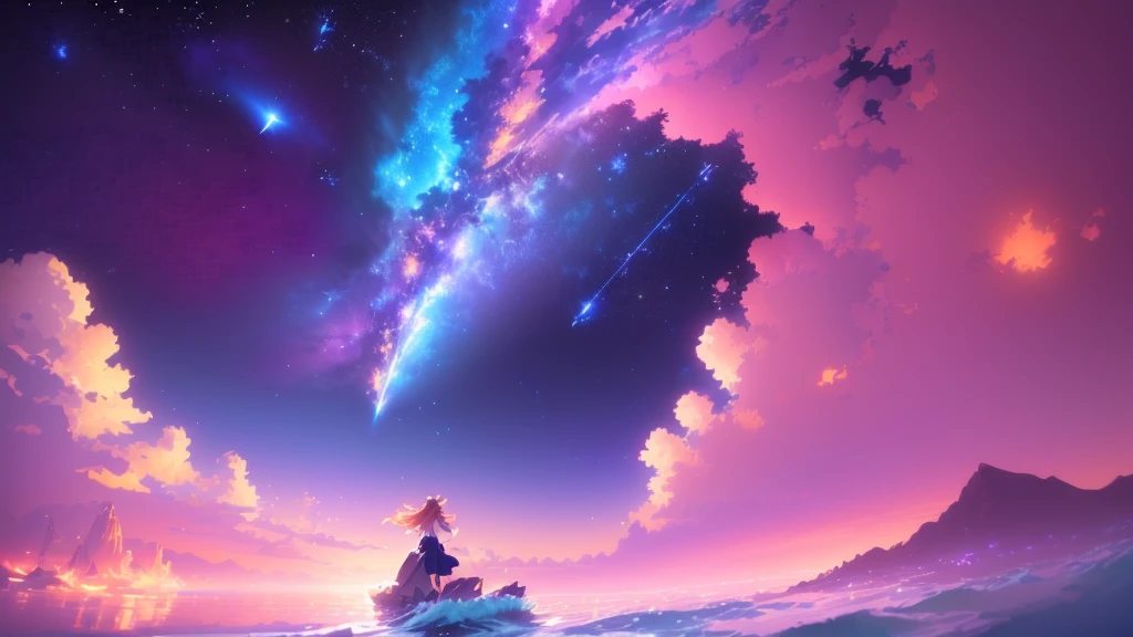 Woman standing on the waves and watching a shooting star, Makoto Shinkai Cyril Rolland, background shooting star, anime wallpaper 4k, anime wallpaper 4k, 4k anime wallpaper, Anime Sky, anime art wallpaper 4k, Awesome Wallpapers, anime art wallpaper 4k, Space Sky. by Makoto Shinkai, Anime Art Wallpapers 8K, Anime Background