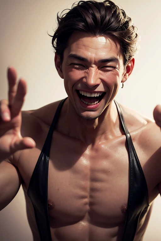 A phycho man laughing,the man is skinny and weird.