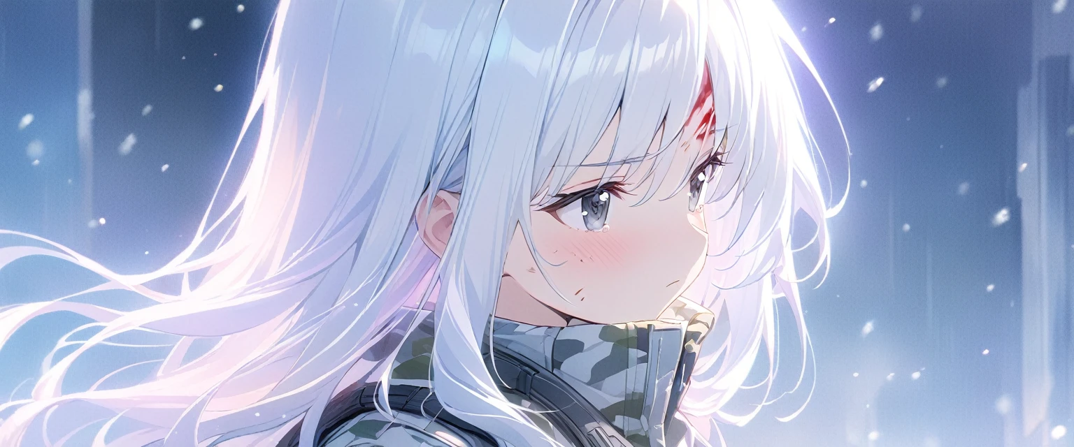  Luminous design, Soft colors，masterpiece:1.2), best quality , 独奏:2 ,pixiv, anime girl ，long straight white hair , black eyes ,Wearing off-white camouflage uniform ,，modern battlefield，(Eyes looking into the distance:1.3)，(look away:1.5)，snowy weather，dirty face，blood on forehead，dirty face，Backlight，Bare rocky peaks ,The expression is sad，leave tears，