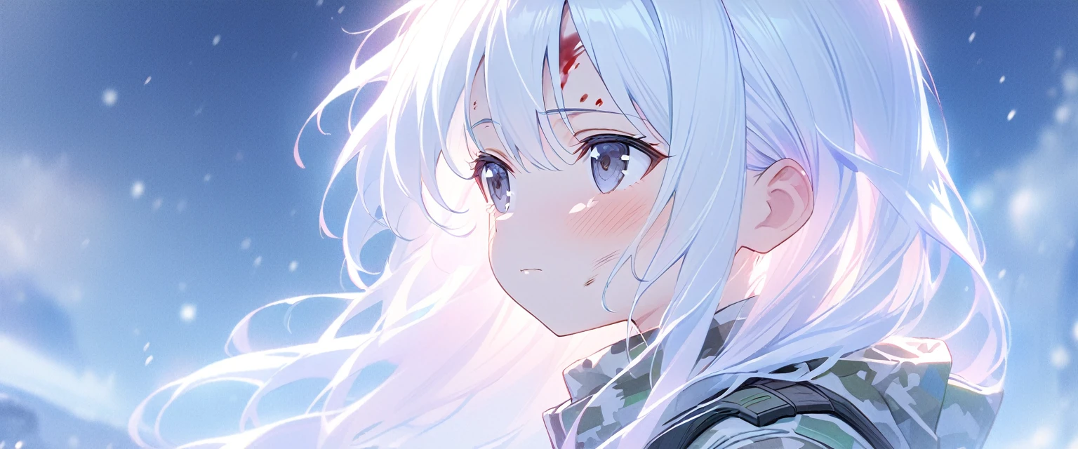 Luminous design, Soft colors,masterpiece:1.2), best quality , 独奏:2 ,pixiv, anime girl ,long straight white hair , Red eyes ,Wearing off-white camouflage uniform ,ten years old,modern battlefield,(Eyes looking into the distance:1.3),(look away:1.5),snowy weather,dirty face,blood on forehead,dirty face,Backlight,Bare rocky peaks ,The expression is sad,leave tears,