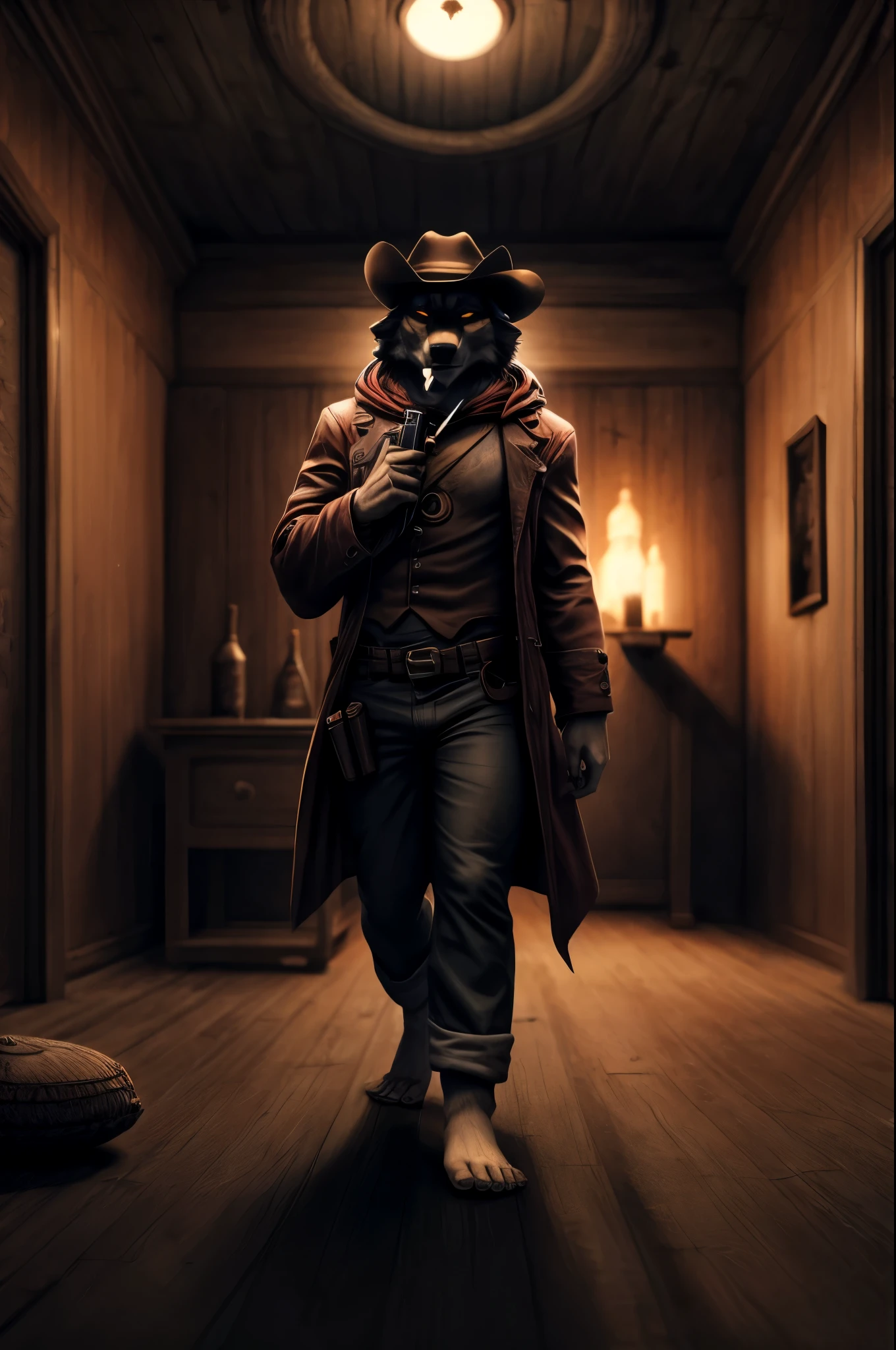 (((Barefoot furry character, full body, cinematic setting, furry male, plantigrade)))
portrait, ((mysterious stranger black long fur wolf gunslinger)), ((holding smoking gun)), ((holding revolver)), abandoned town, alone ,strange, surreal, desolate, ghostly, eerie, lonely, solitude, short red cloak,red glowing eyes, fantastical, dangerous,night sky,red sky, cinematic lighting, volumetric lighting, Film grain, cinematic film still, shallow depth of field, highly detailed, (western atmosphere), black cowboy hat
BREAK, intricate details, highly detailed, extreme detail, octane render, fine art, best quality, highres, (detailed face:1.5), ((full_body)), UHD, (((perfect hands))), low light