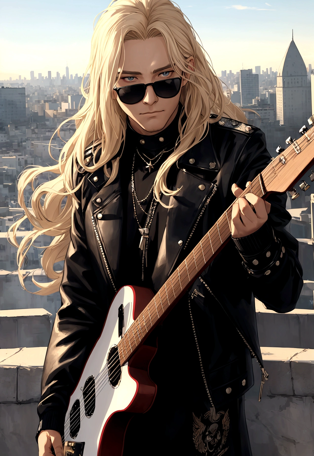 ((Improve your face)), ((masterpiece, masterpiece, Highest quality)), 8K ultra-fine, Absurd, 1. Odin（For men）,Blonde, Alone in a studded biker jacket and black jeans, (put: grain), With sunglasses, Long Hair, Black clothes, Black Robe, With the city in the background ((With a guitar in hand))