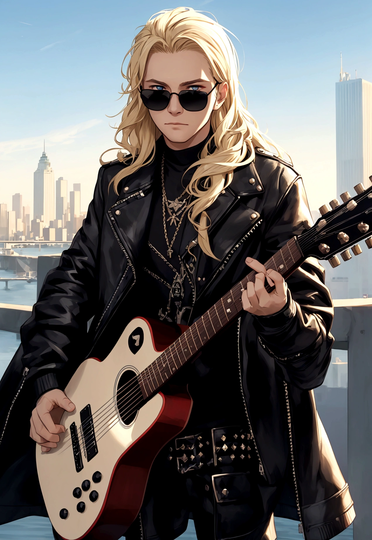 ((Improve your face)), ((masterpiece, masterpiece, Highest quality)), 8K ultra-fine, Absurd, 1. Odin(For men),Blonde, Alone in a studded biker jacket and black jeans, (put: grain), With sunglasses, Long Hair, Black clothes, Black Robe, With the city in the background ((With a guitar in hand))