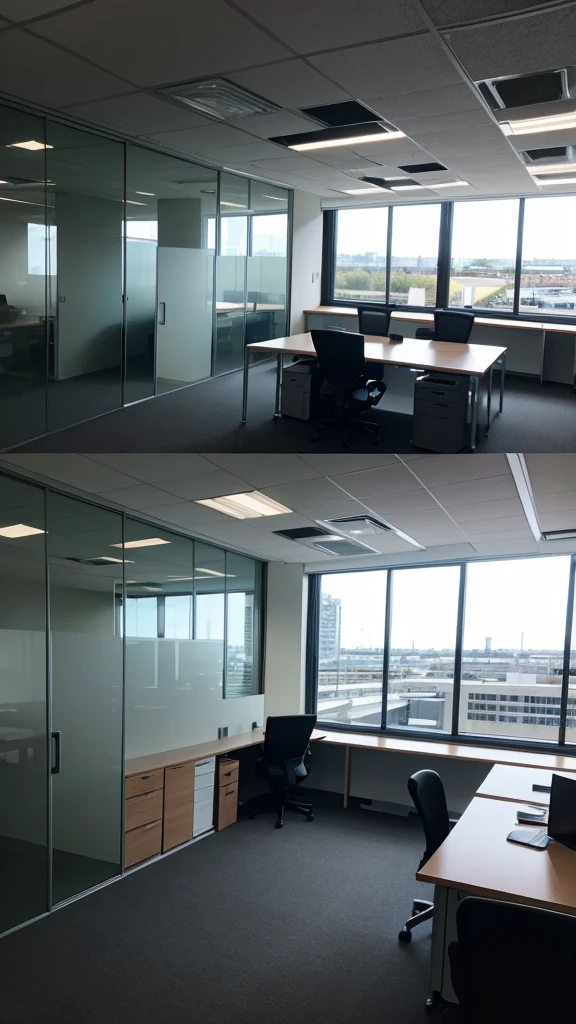 a modern office with high-end corporate partitions and natural lighting coming in through the windows