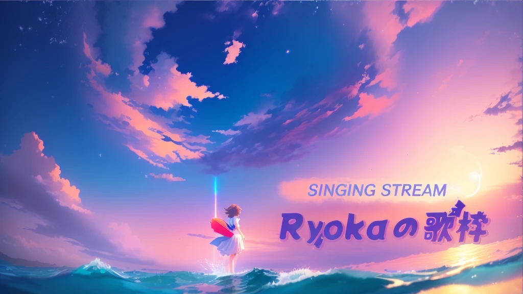 Photo taken from a video of a girl standing on a surfboard in the ocean, in style of Kyoto Animation, Kyoto Animation, sing, in ryuuou no oshigoto art style, Nightcore, Ayaka, mokoto shinkai, Makoto Shinkai&#39;s Style, makoto shinkai!!, Official artwork, makoto shinkai!