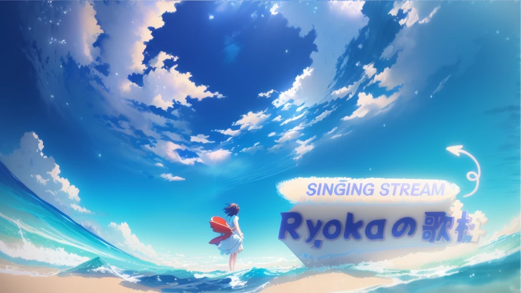 Photo taken from a video of a girl standing on a surfboard in the ocean, in style of Kyoto Animation, Kyoto Animation, sing, in ryuuou no oshigoto art style, Nightcore, Ayaka, mokoto shinkai, Makoto Shinkai's Style, makoto shinkai!!, Official artwork, makoto shinkai!