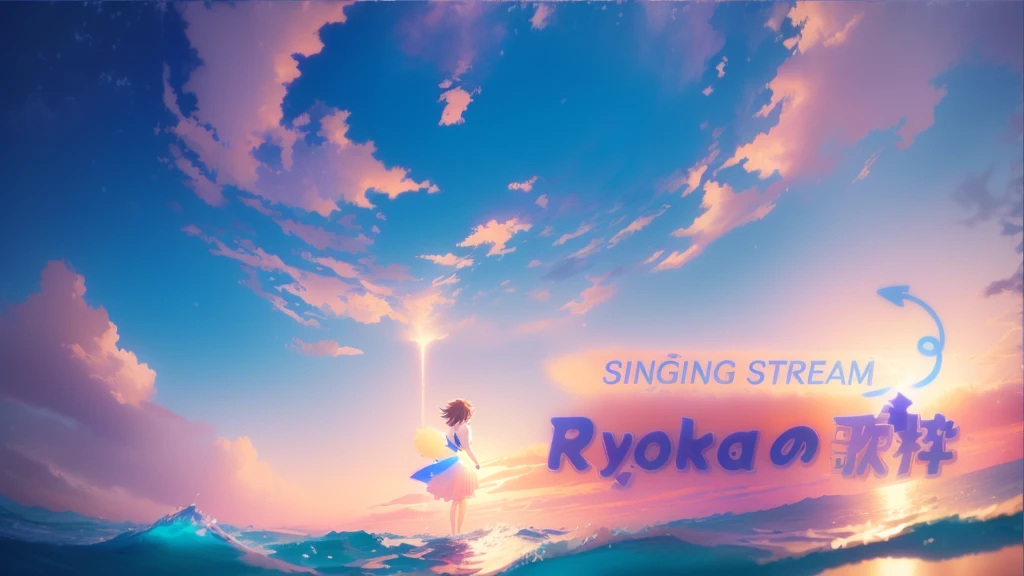 Photo taken from a video of a girl standing on a surfboard in the ocean, in style of Kyoto Animation, Kyoto Animation, sing, in ryuuou no oshigoto art style, Nightcore, Ayaka, mokoto shinkai, Makoto Shinkai&#39;s Style, makoto shinkai!!, Official artwork, makoto shinkai!