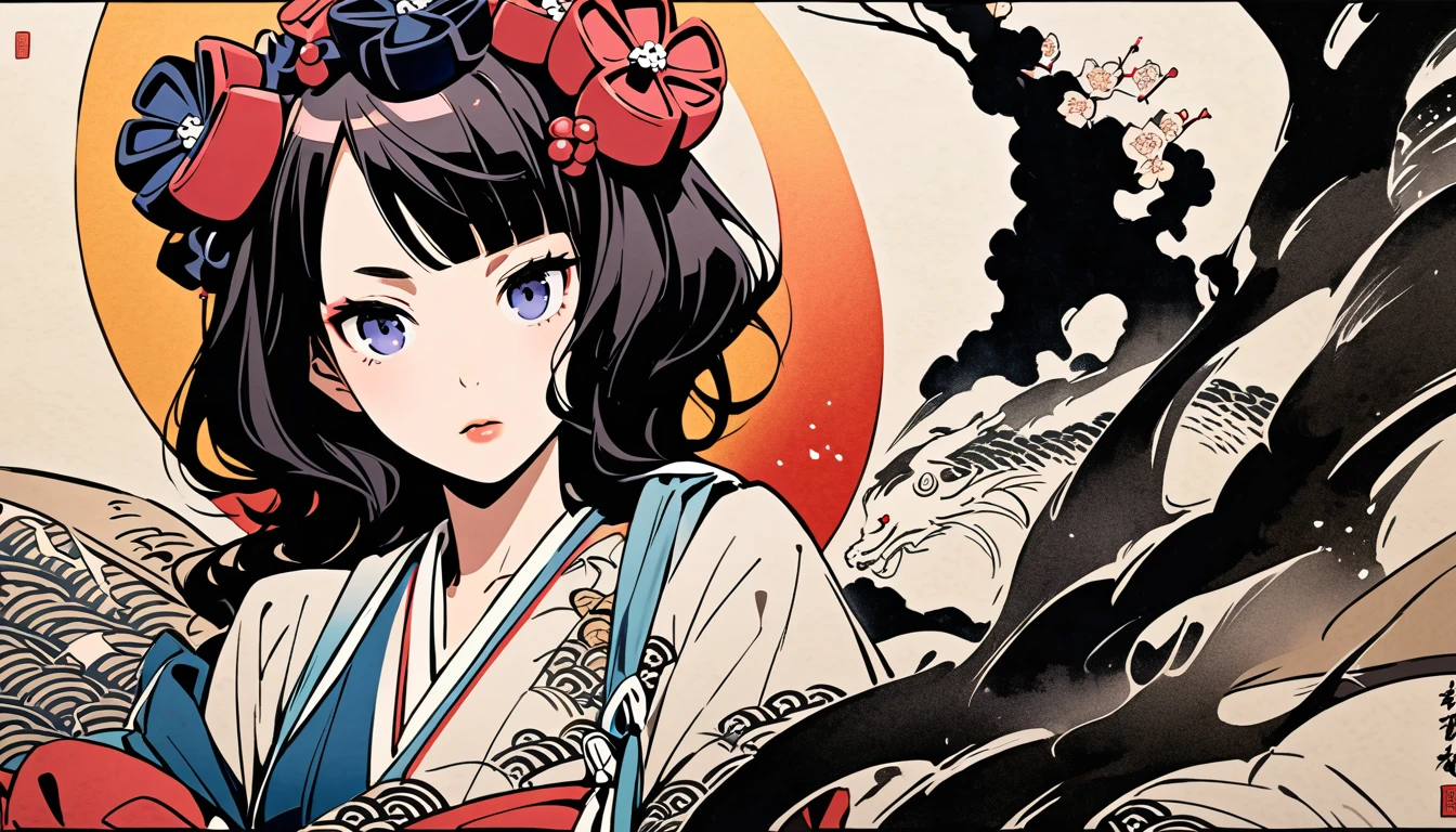 (((Highest quality))), (((Katsushika Hokusai))), (((Ink Painting))), ((very straight longhair)), ((1 girl)), ((cherry blossoms)), ((beautiful girl)), Japanese style headphones, Black Hair, Delicate and precise, Modern ukiyo-e style, white dragon