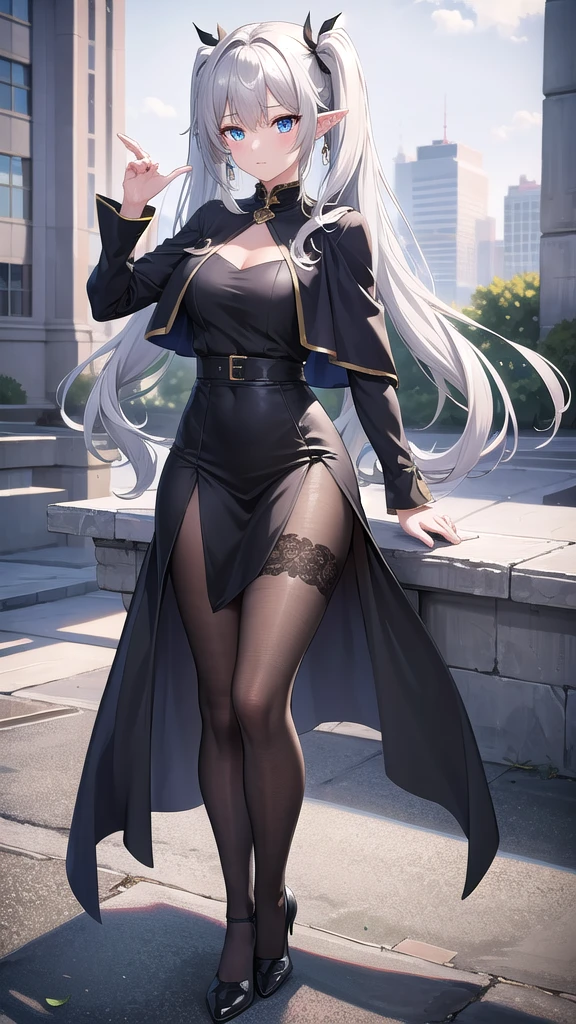frieren, frieren, grey long hair, twintails, grey hair, pointy ears, elf,green eyes,
BREAK shirt, long sleeves, jewelry, pantyhose, earrings, striped, black pantyhose, capelet, striped shirt,
BREAK looking at viewer, upper body, (full body:1.2),
BREAK outdoors, sky, nature,
BREAK (masterpiece:1.2), best quality, high resolution, unity 8k wallpaper, (illustration:0.8), (beautiful detailed eyes:1.6), extremely detailed face, perfect lighting, extremely detailed CG, (perfect hands, perfect anatomy),