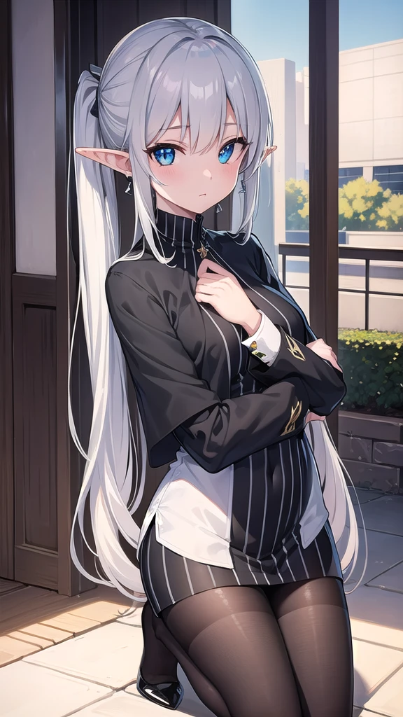 frieren, frieren, grey long hair, twintails, grey hair, pointy ears, elf,green eyes,
BREAK shirt, long sleeves, jewelry, pantyhose, earrings, striped, black pantyhose, capelet, striped shirt,
BREAK looking at viewer, upper body, (full body:1.2),
BREAK outdoors, sky, nature,
BREAK (masterpiece:1.2), best quality, high resolution, unity 8k wallpaper, (illustration:0.8), (beautiful detailed eyes:1.6), extremely detailed face, perfect lighting, extremely detailed CG, (perfect hands, perfect anatomy),