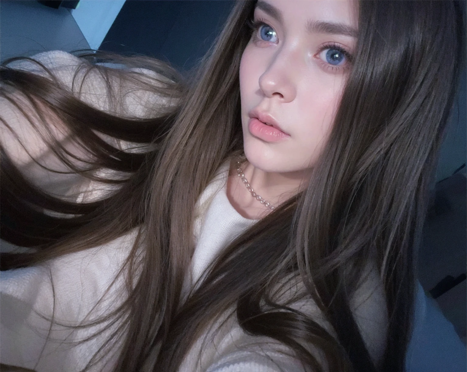 best quality, face focus, soft light, ultra high res, (photorealistic:1.4), RAW photo,
1 russian girl, solo, cute, (pupil, lights in the eyes),  detailed beautiful face, (small chest),(high resolution detail of human skin texture),
(long hair),
indoor,
Damask Shirt Dress,
(portrait), perfect body, blue eyes, beautiful hair, sexy body, sexy lips, young 16 years, plump lips 