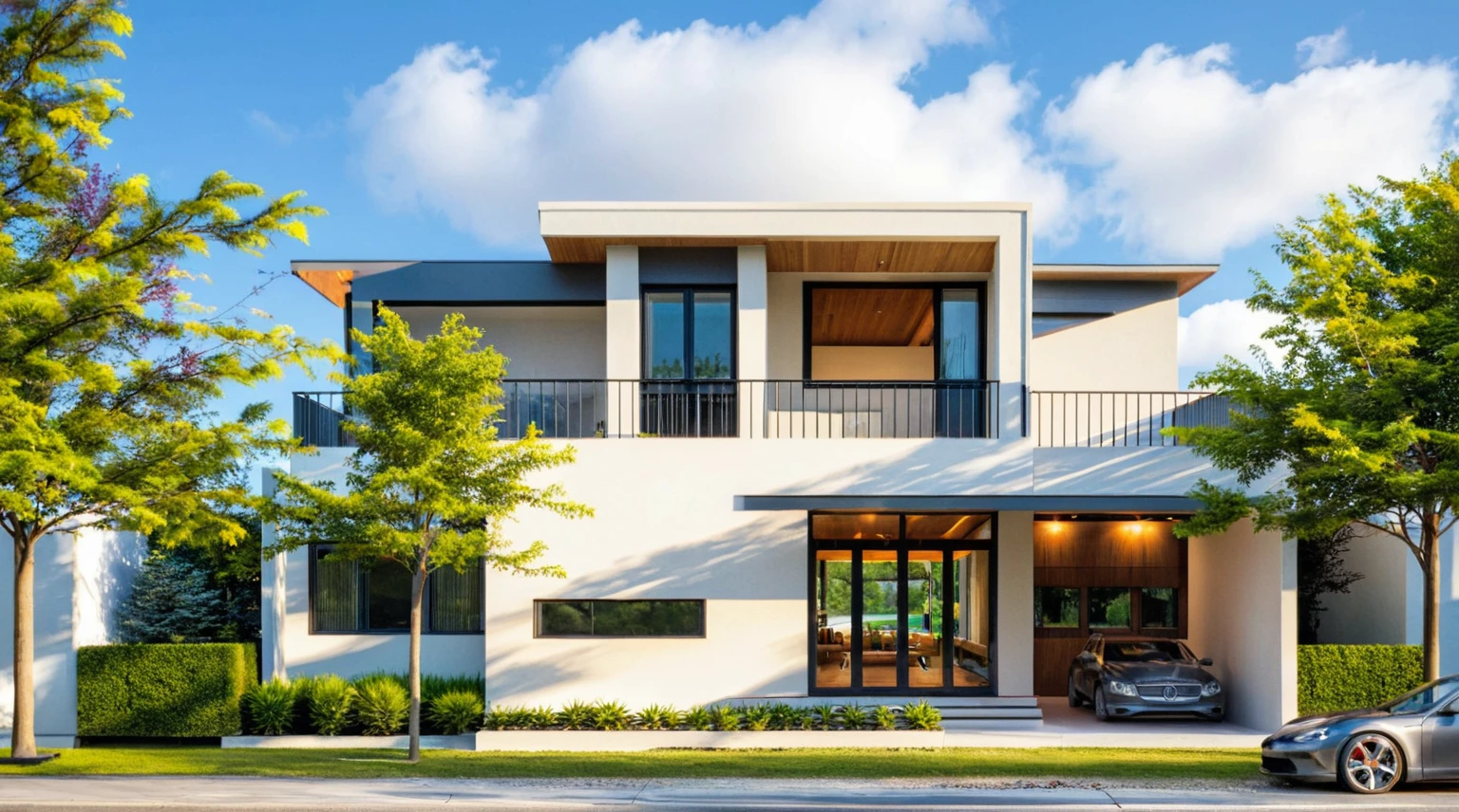 Masterpiece, high quality, best quality, authentic, super detail, outdoors, onestoreyvillaXL, aiaigroup, house style modern on the street, ((luxury villa)), stairs, white wall ,road,pavement, grass, trees, sky, cloud, (daylight:1.1),