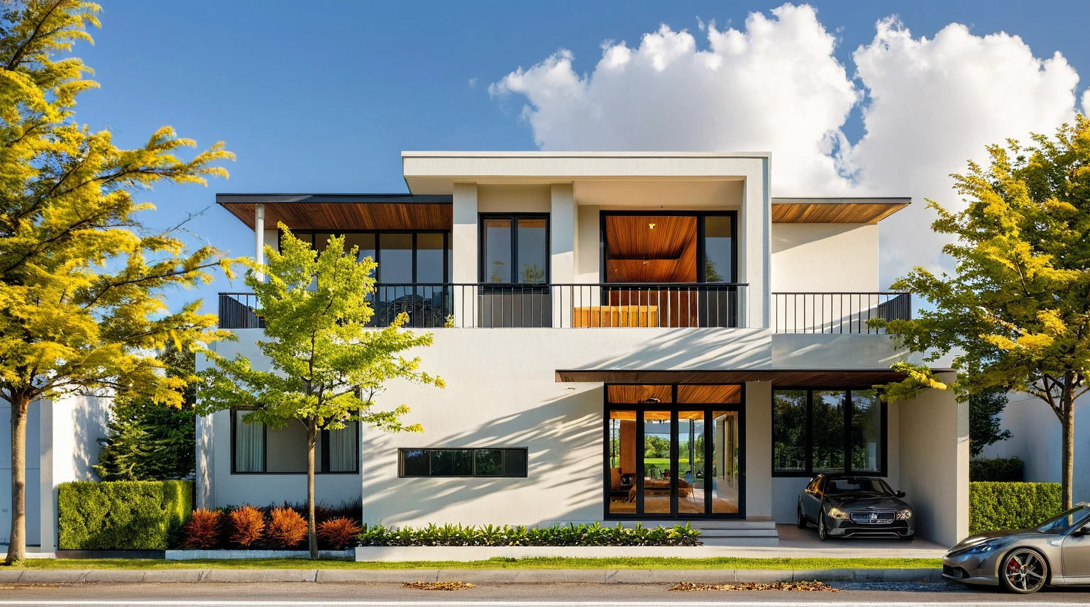 Masterpiece, high quality, best quality, authentic, super detail, outdoors, onestoreyvillaXL, aiaigroup, house style modern on the street, ((luxury villa)), stairs, white wall ,road,pavement, grass, trees, sky, cloud, (daylight:1.1),