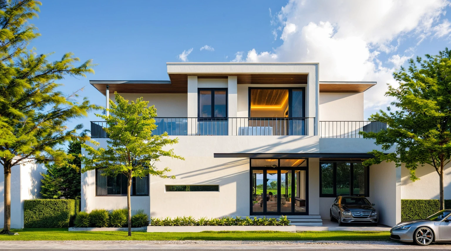 Masterpiece, high quality, best quality, authentic, super detail, outdoors, onestoreyvillaXL, aiaigroup, house style modern on the street, ((luxury villa)), stairs, white wall ,road,pavement, grass, trees, sky, cloud, (daylight:1.1),