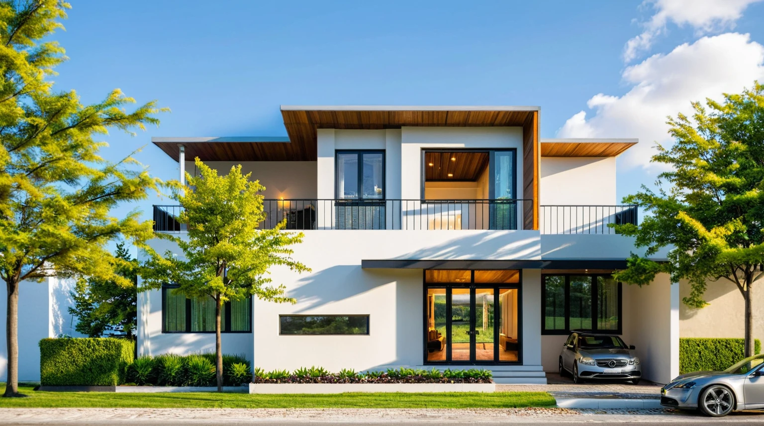 Masterpiece, high quality, best quality, authentic, super detail, outdoors, onestoreyvillaXL, aiaigroup, house style modern on the street, ((luxury villa)), stairs, white wall ,road,pavement, grass, trees, sky, cloud, (daylight:1.1),
