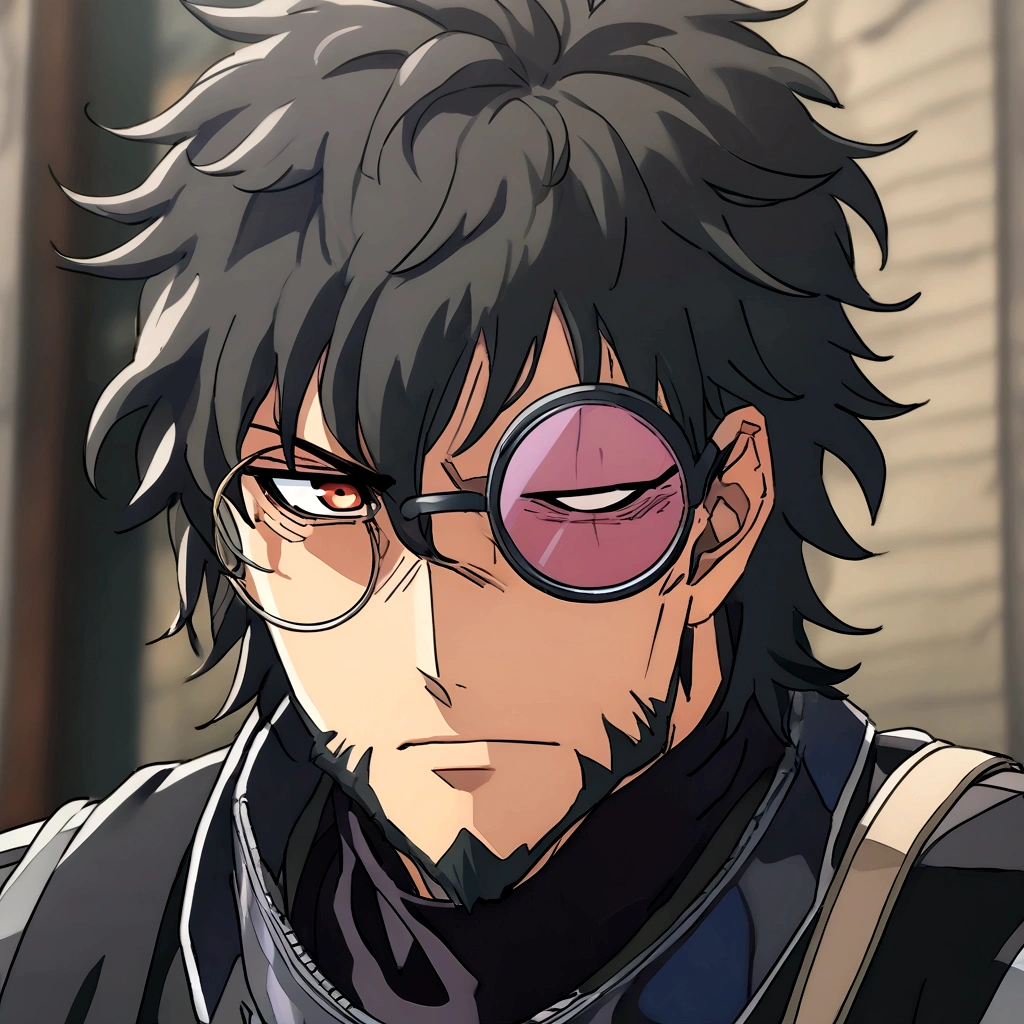 Anime man, shaved beard, cold and tortured face, black fluffy messy hair, unique black suit, cool, ((best quality)), black scarf, black waist straps, Fanny pack across shoulder, circle glasses, black turtleneck collar, eye bags